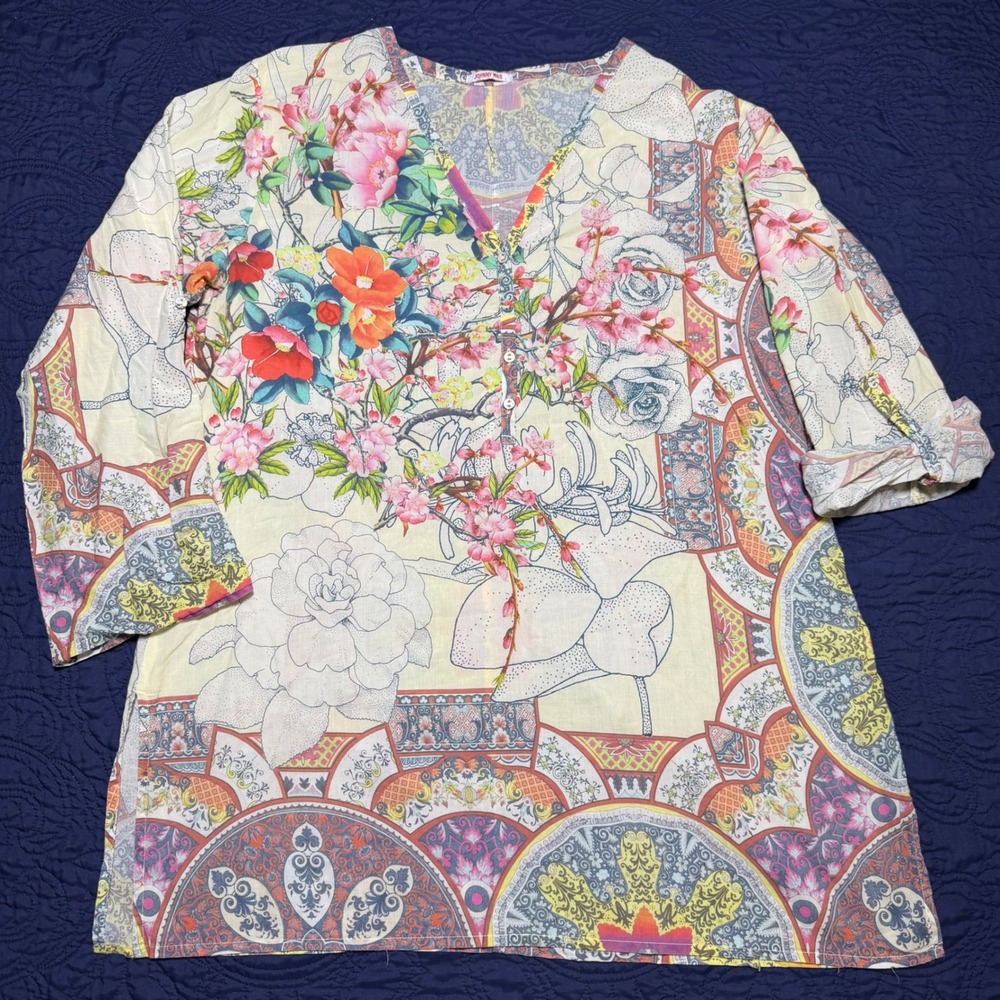 Johnny Was Floral Cotton Tunic Top XL V-Neck Roll Tab Sleeve Boho Multicolor